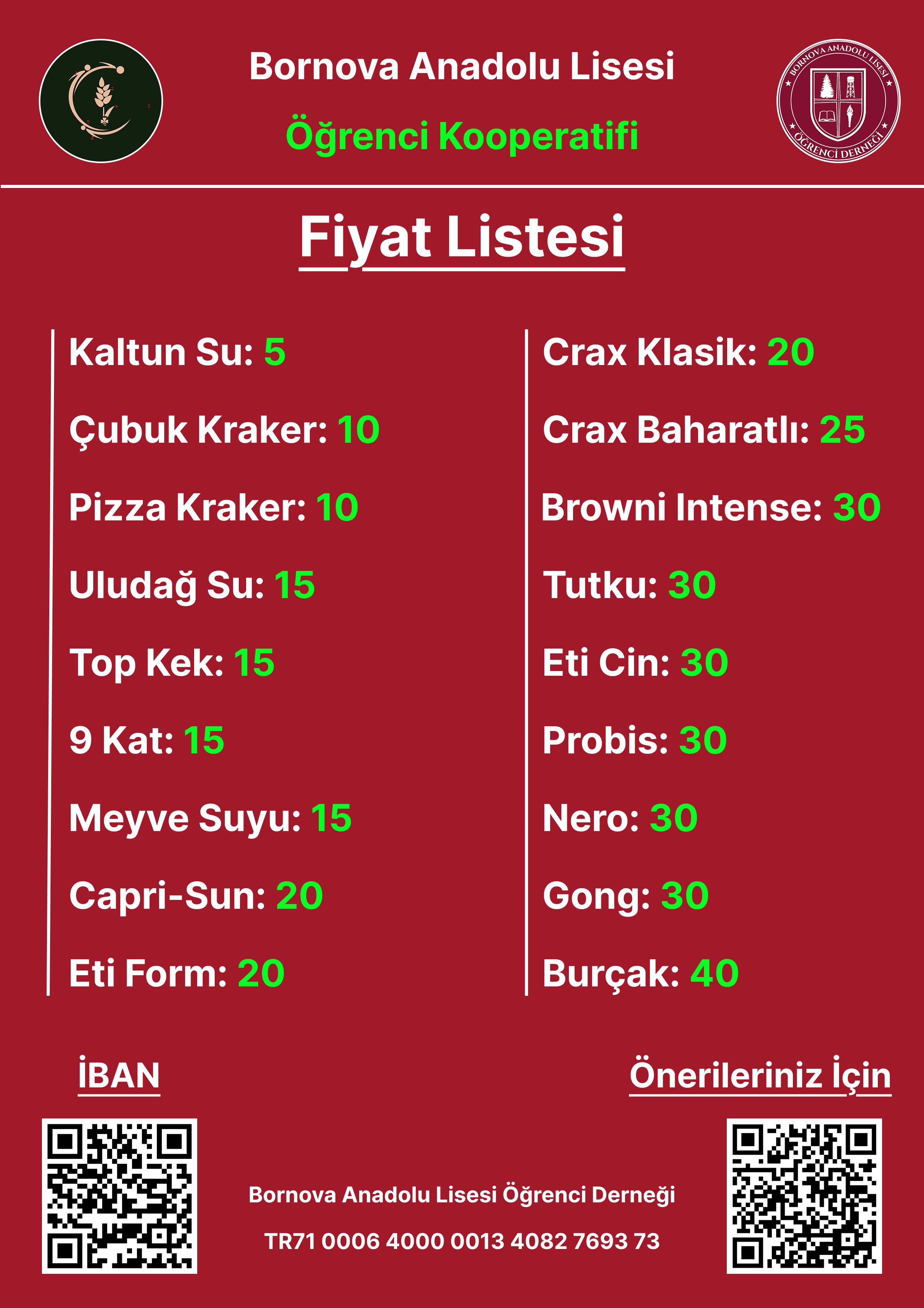 BAL Öğrenci Kooperatifi fiyat listesi